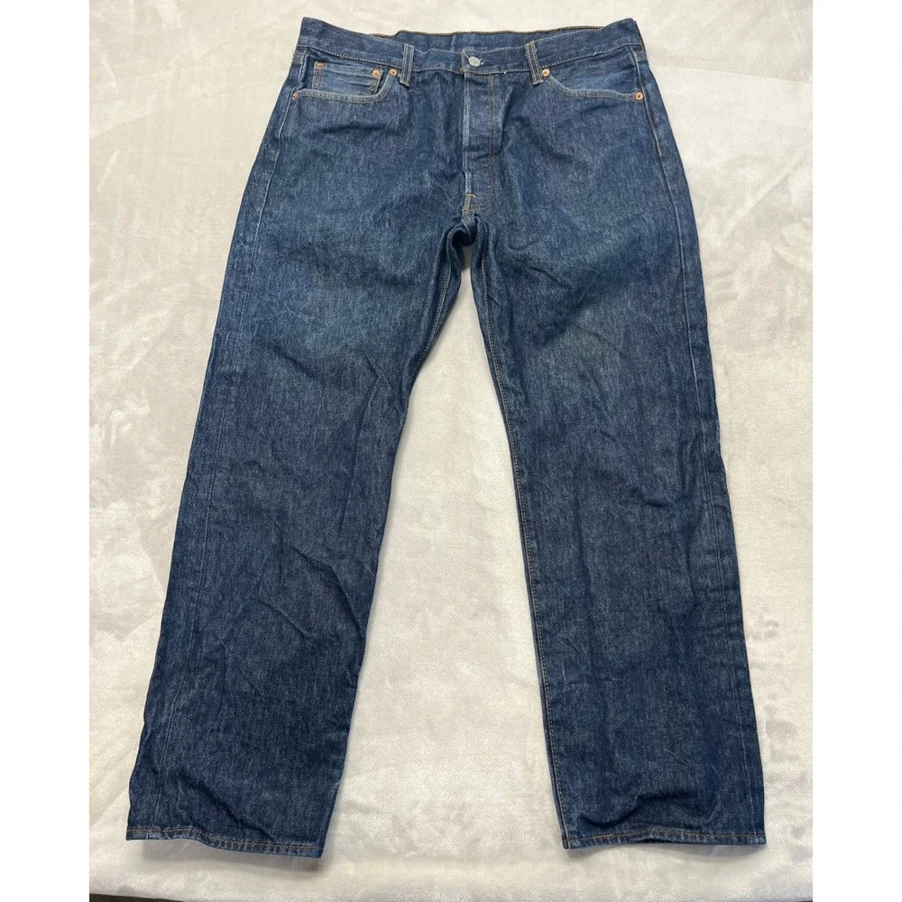 Levis 501 Original Fit Jeans Mens 38x32 Dark Blue Denim Button Fly Straight Leg